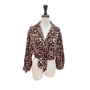 Glam Women's Leopard Print Tie Front Long Sleeve Blouse Shirt Tan Brown Medium